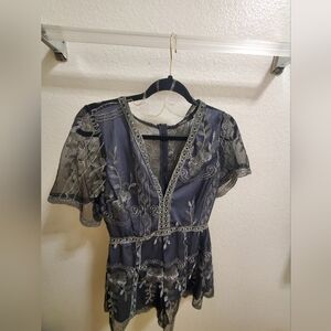 Haute Monde Charcoal Embroidered Sleeve Romper